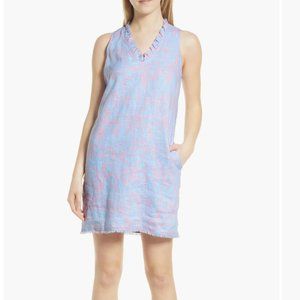 Tommy Bahama Linen Shirt Dress, Large, Pink Palm on Blue, Large